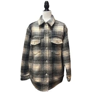NEW Wool Blend Plaid Shacket Neutral Cream Grey Overshirt‎ Relaxed Fit Women's M